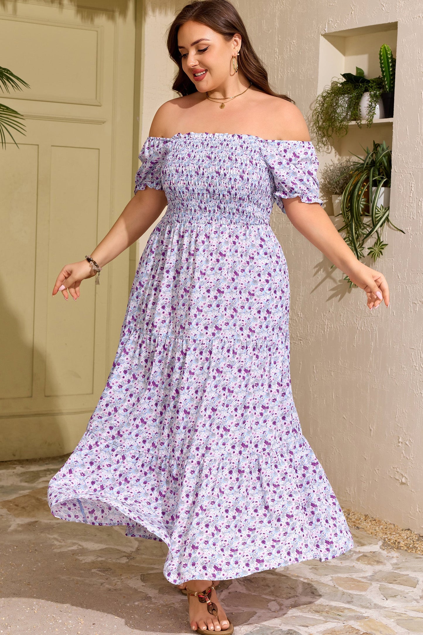 Kelsey Square Smocked Maxi PLUS Dress Threaded Pear