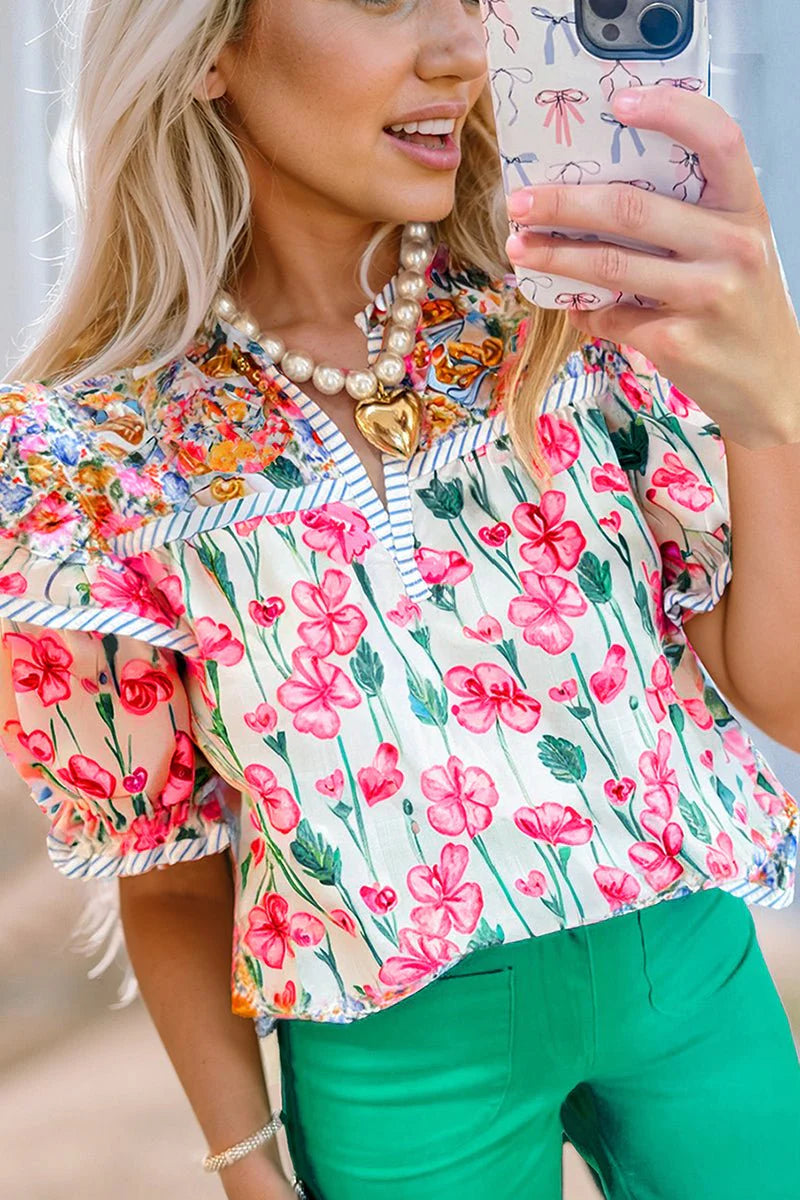 WILDFLOWER WHIMSY PINK SPLIT NECK BLOUSE **SHIPPING EXPECTED TO BEGIN ON DATE 5/04**