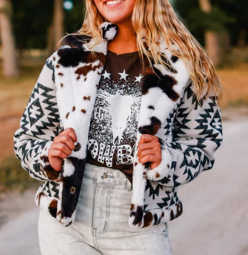 Aztec Cow Print Sherpa Jacket