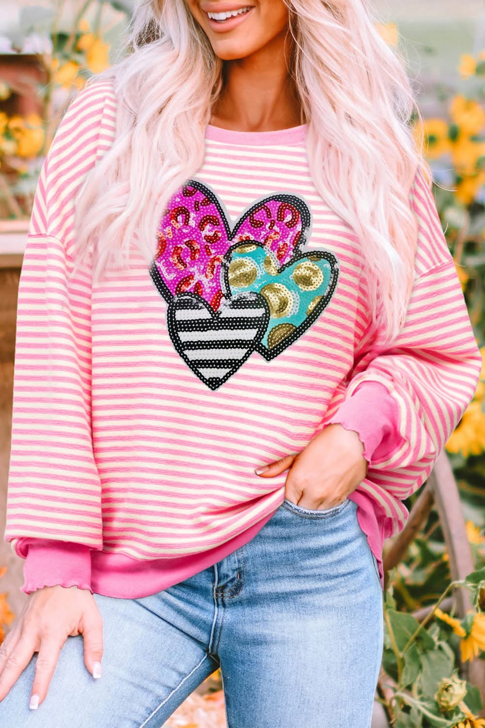 Pink Stripe Leopard Heart Long sleeve top