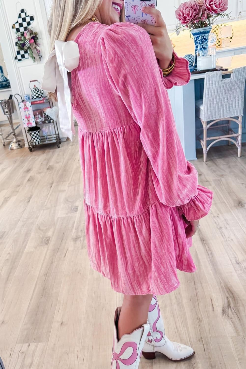 Strawberry Pink Tiered Ruffled Velvet Mini Dress