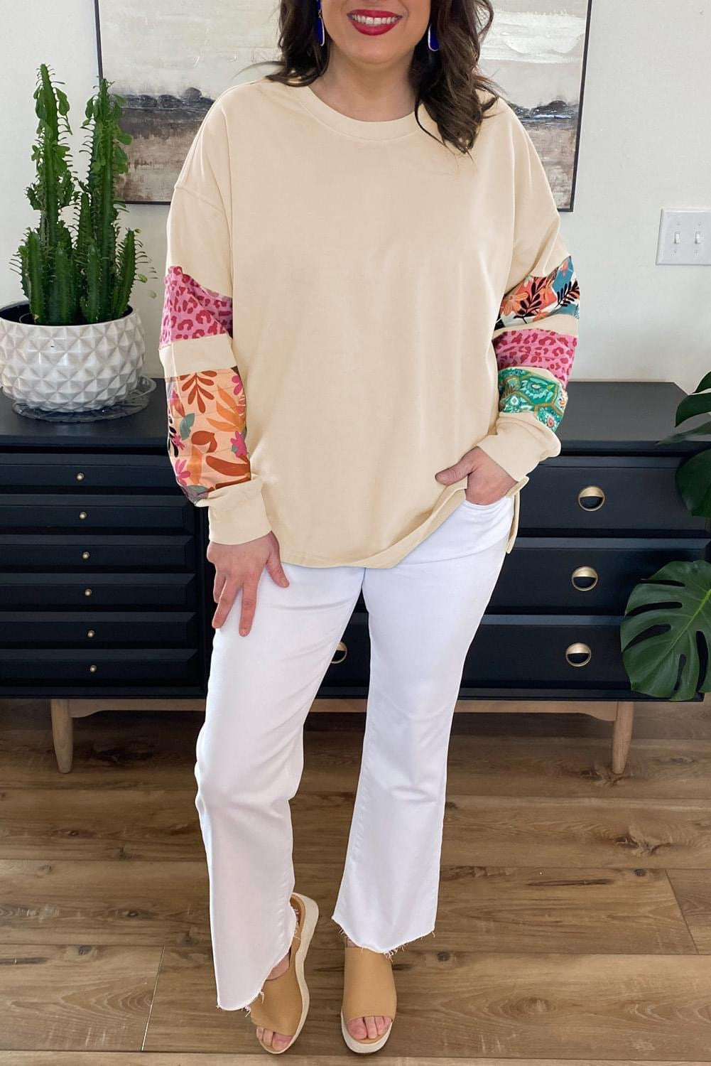Plus Size Patchwork Sleeve Split Sweatshirt