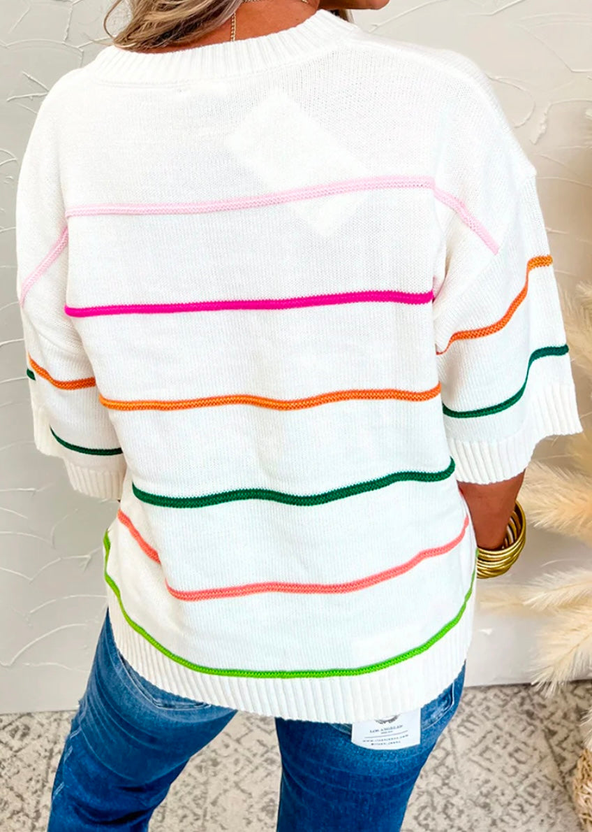 Striped Half Sleeve Drop Shoulder Sweater
