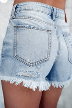 Load image into Gallery viewer, High Waist Distressed Raw Hem Denim Shorts
