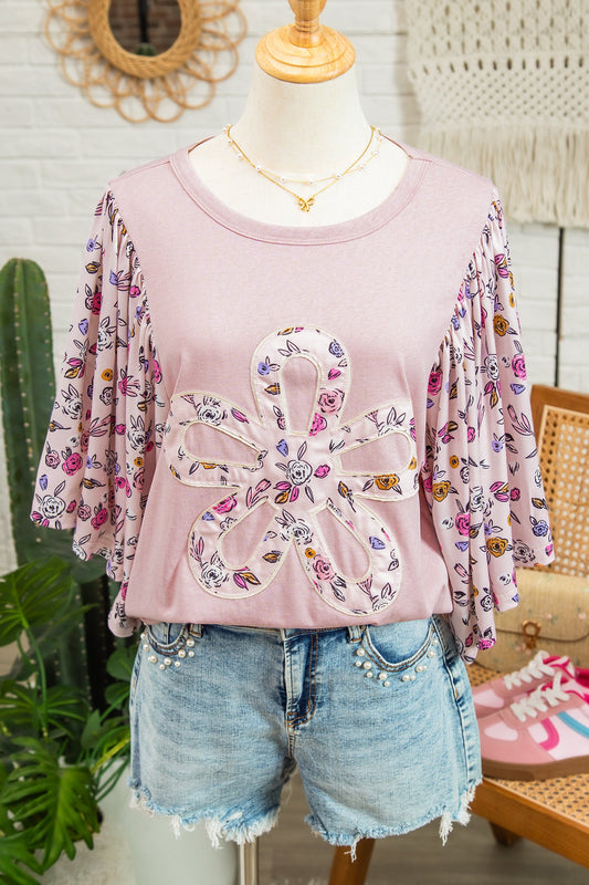 Pink Contrast Floral Patched Flowy Half Sleeve Blouse Wild and Free Boutique