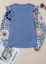 Load image into Gallery viewer, Ruffled Floral Patchwork Sleeve Waffle Knit Blouse
