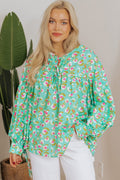 Green Abstract Lantern Sleeve Babydoll Blouse
