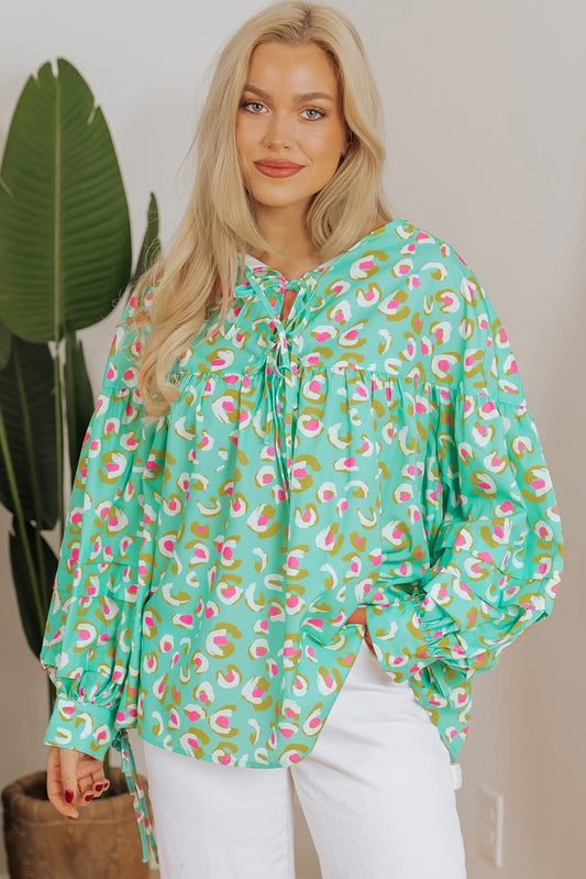 Green Abstract Lantern Sleeve Babydoll Blouse