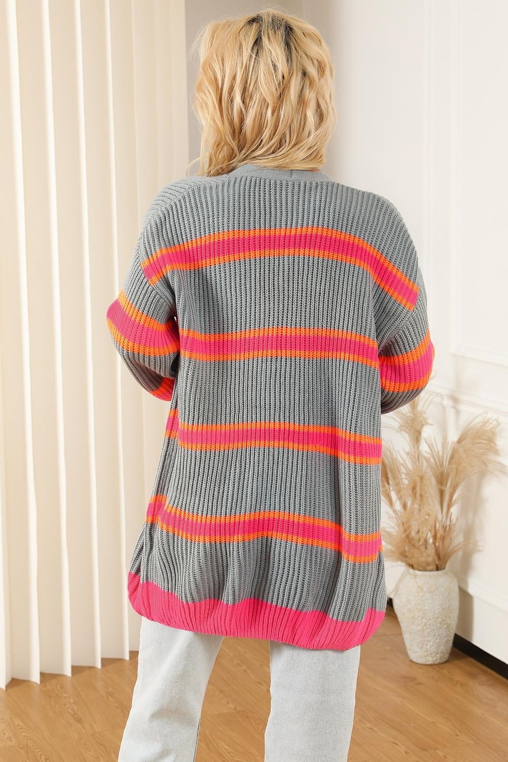Stripe Printed Ribbed Knitted Cardigan