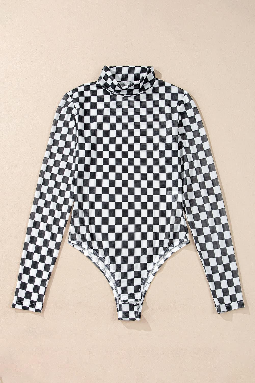 Checkered High Neck Mesh Bodysuit