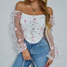 Load image into Gallery viewer, Floral Embroidery Off Shoulder Lantern Sleeve Curved Hem Top
