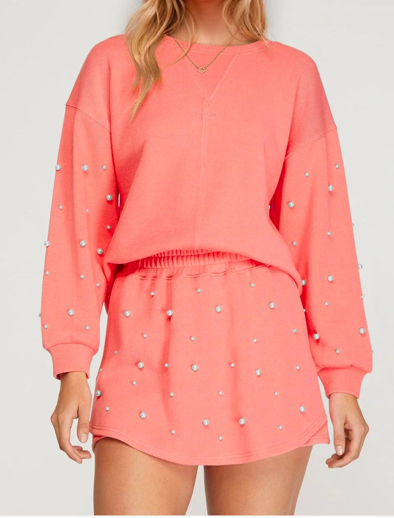 OH Pearl Trim Round Neck Long Sleeve Top and Skirt Set