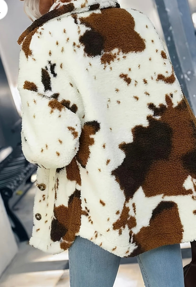 Cow Print Collared Neck Button Up Fuzzy Jacket