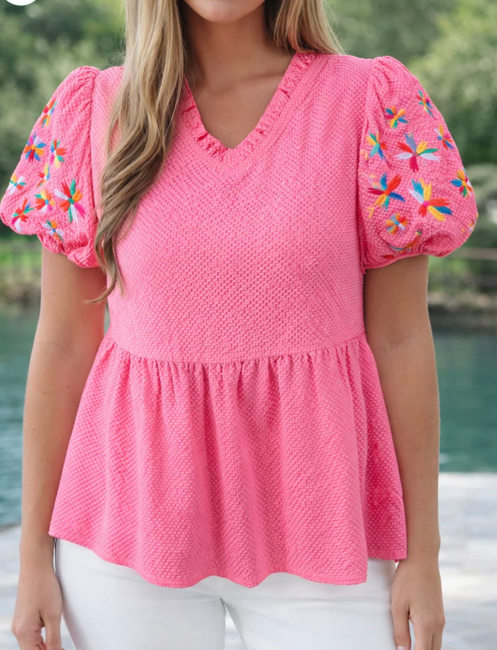 Pink Frilled Flower Sleeve Blouse