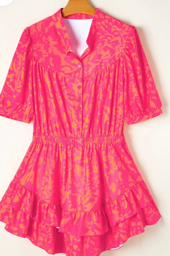 Half Buttoned Printed Half Sleeve Mini Dress