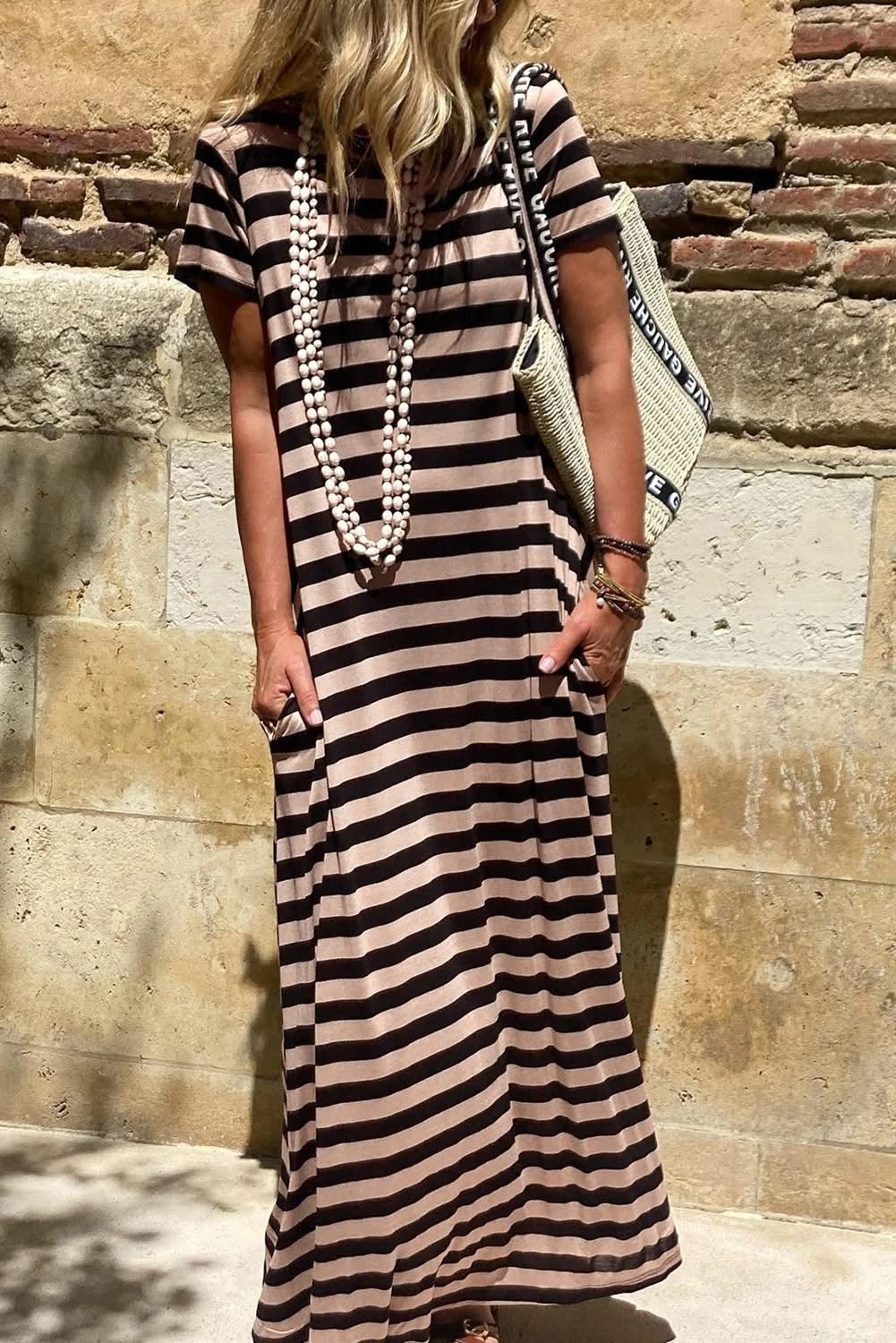 Black Stripe Casual T shrit maxi dress