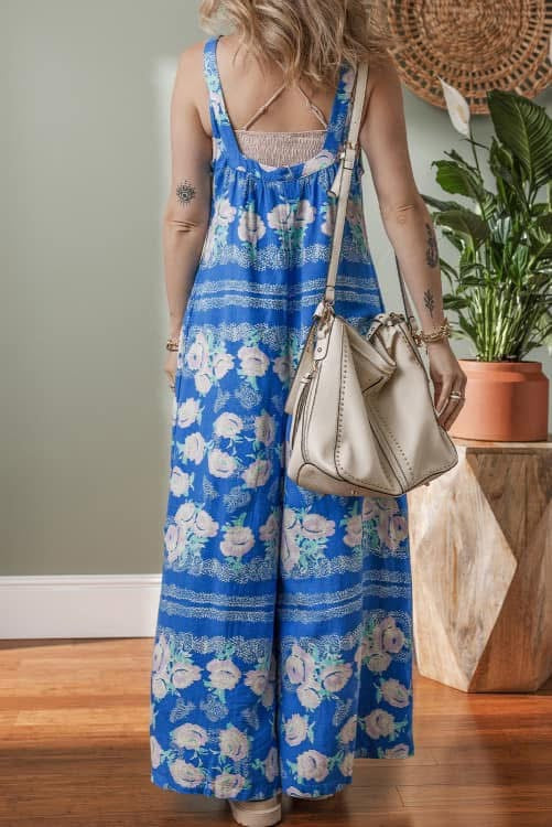 Blue Floral Wide Leg Sleeveless Jumpsuit