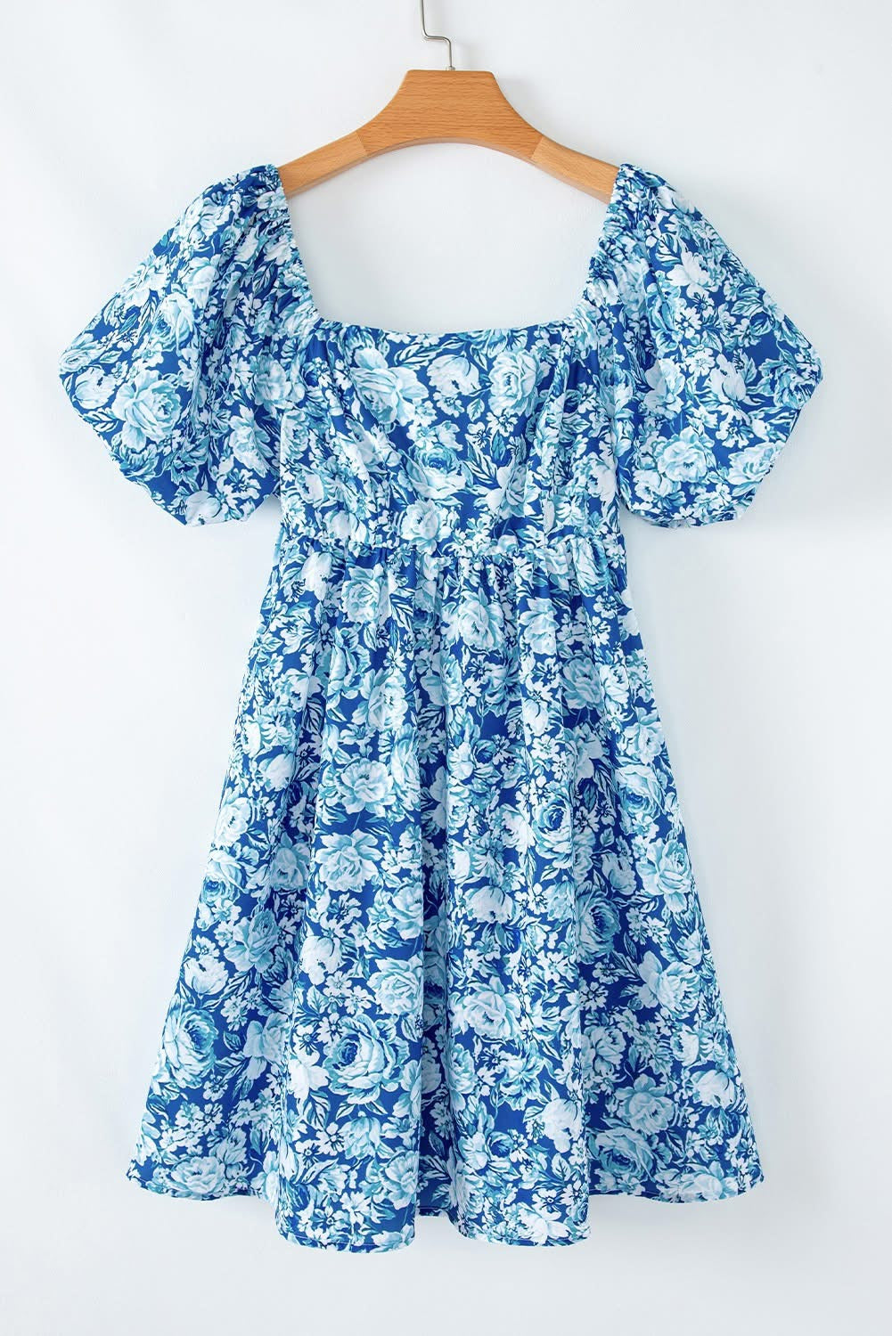 Blue Floral Puff Sleeve Babydoll Mini dress