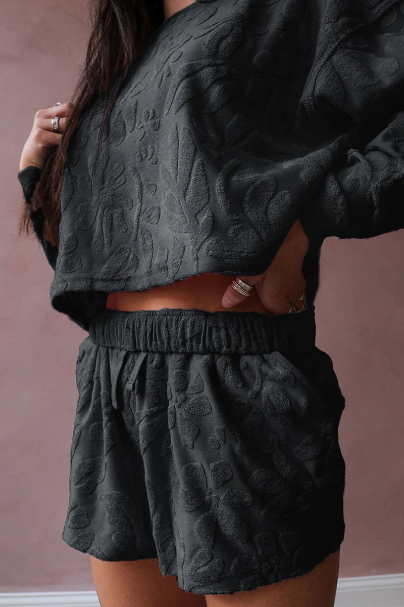 FLORA JACQUARD TEXTURED LONG SLEEVE CROP TOP AND SHORTS SET **SHIPPING EXPECTED TO BEGIN ON DATE 8/30**