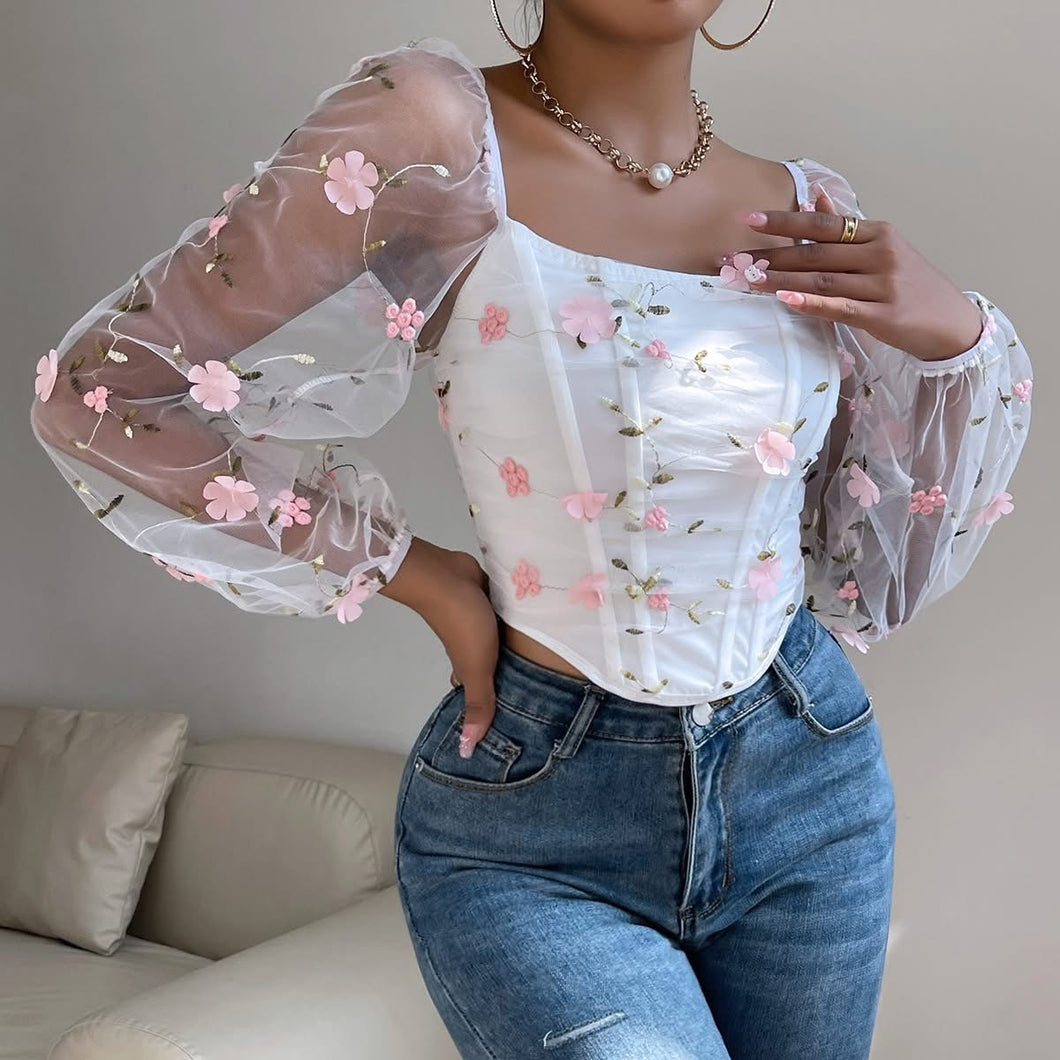Floral Embroidery Off Shoulder Lantern Sleeve Curved Hem Top