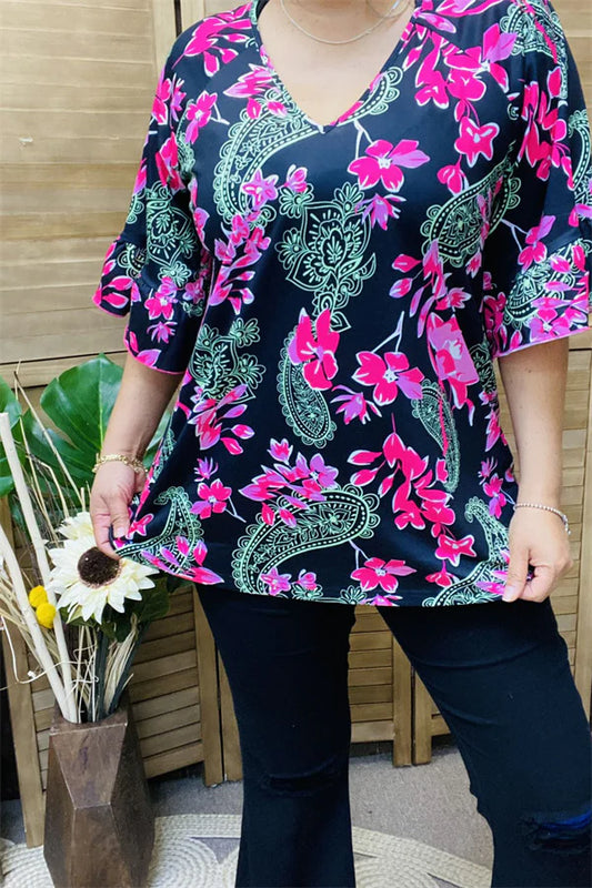 Mint Paisley Pink Floral Print Black Top