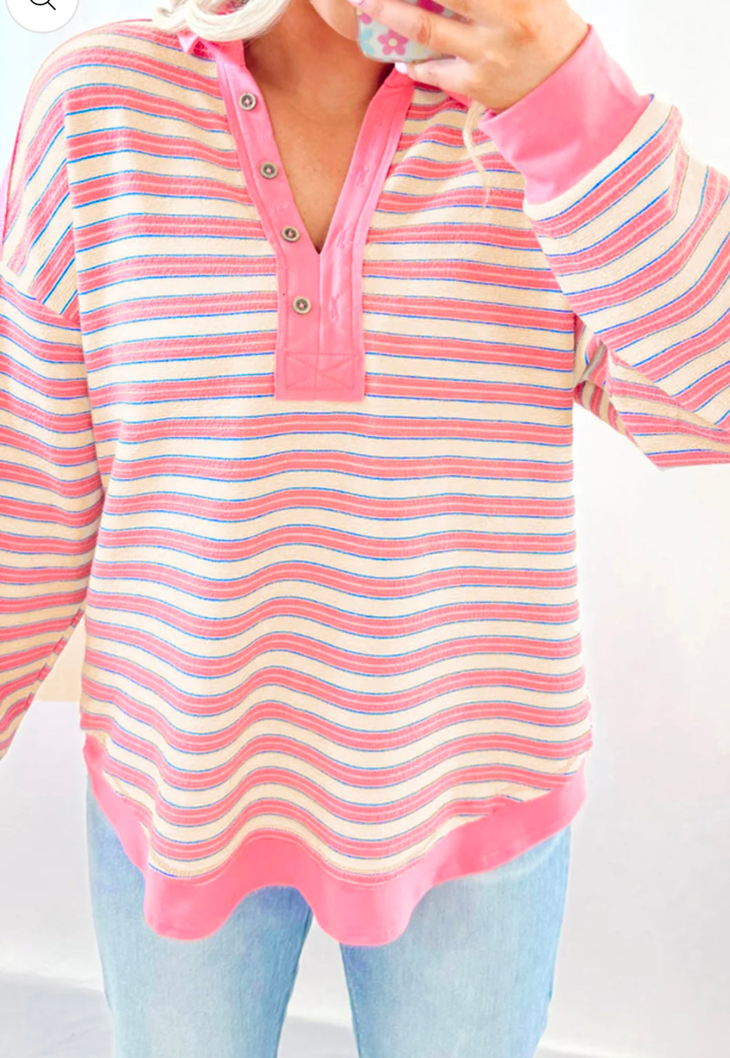 Stripe Buttoned V Neck Collared Top