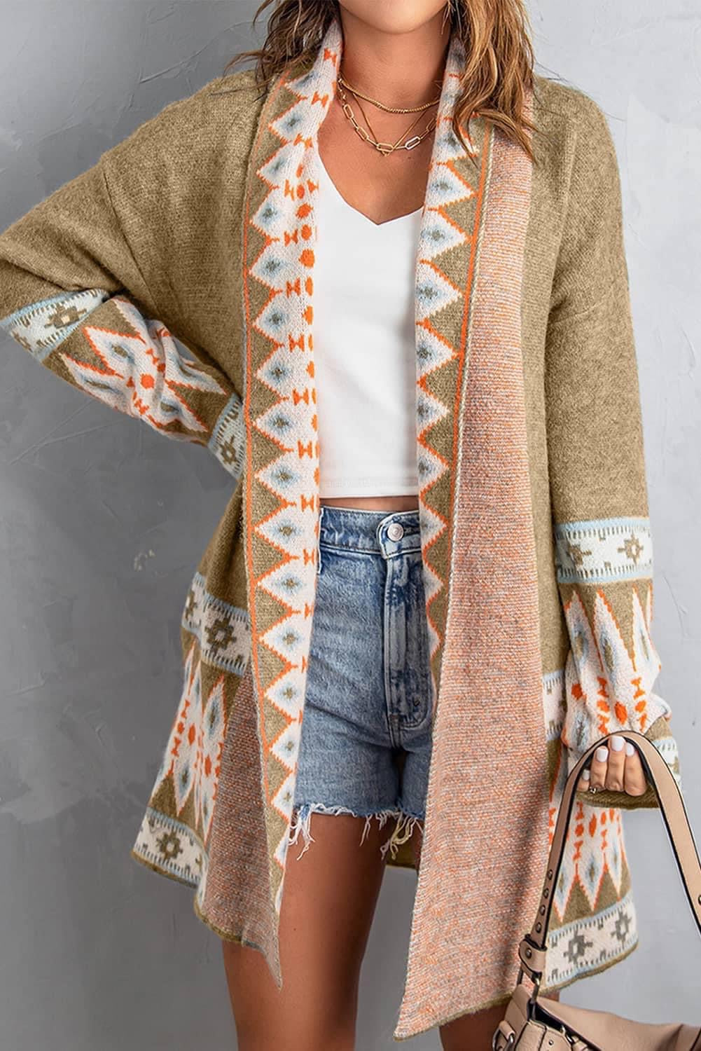 Western Aztec Open Front Sweater Cardigan