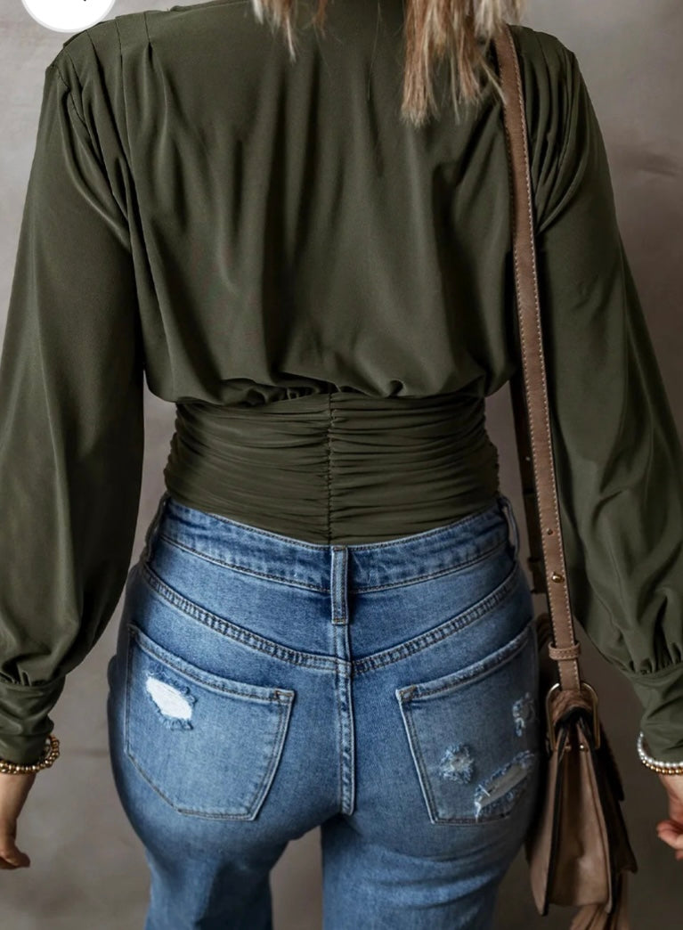 Ruched Surplice Long Sleeve Bodysuit