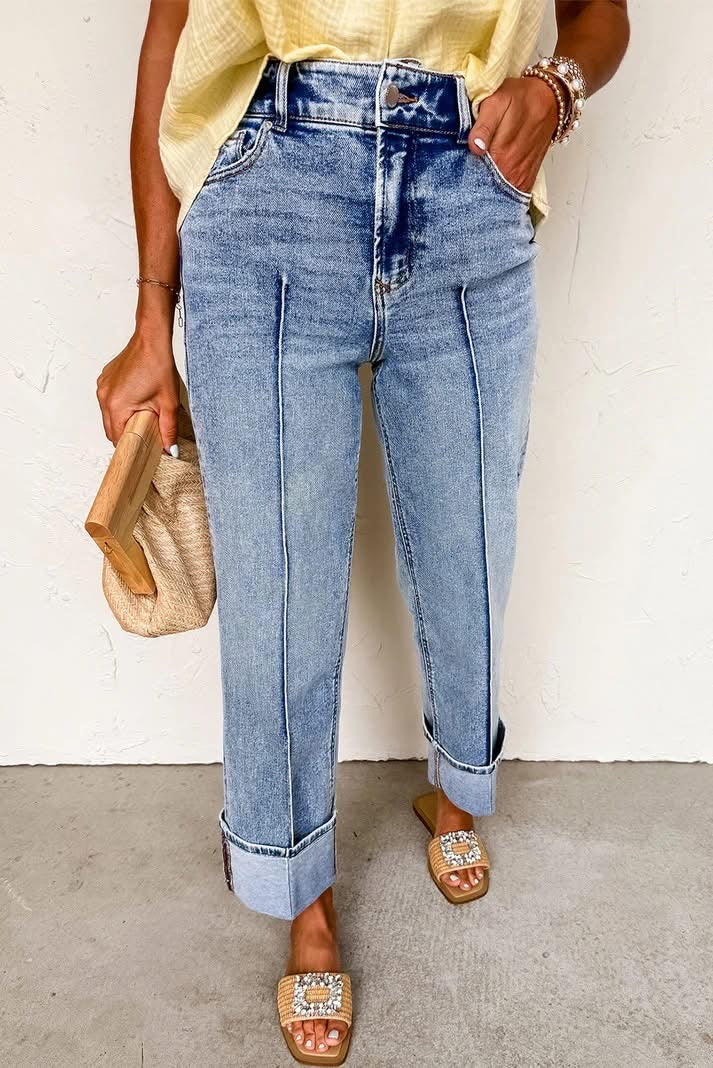 Center Seam Cuffed Hem Straight High Waist Jeans