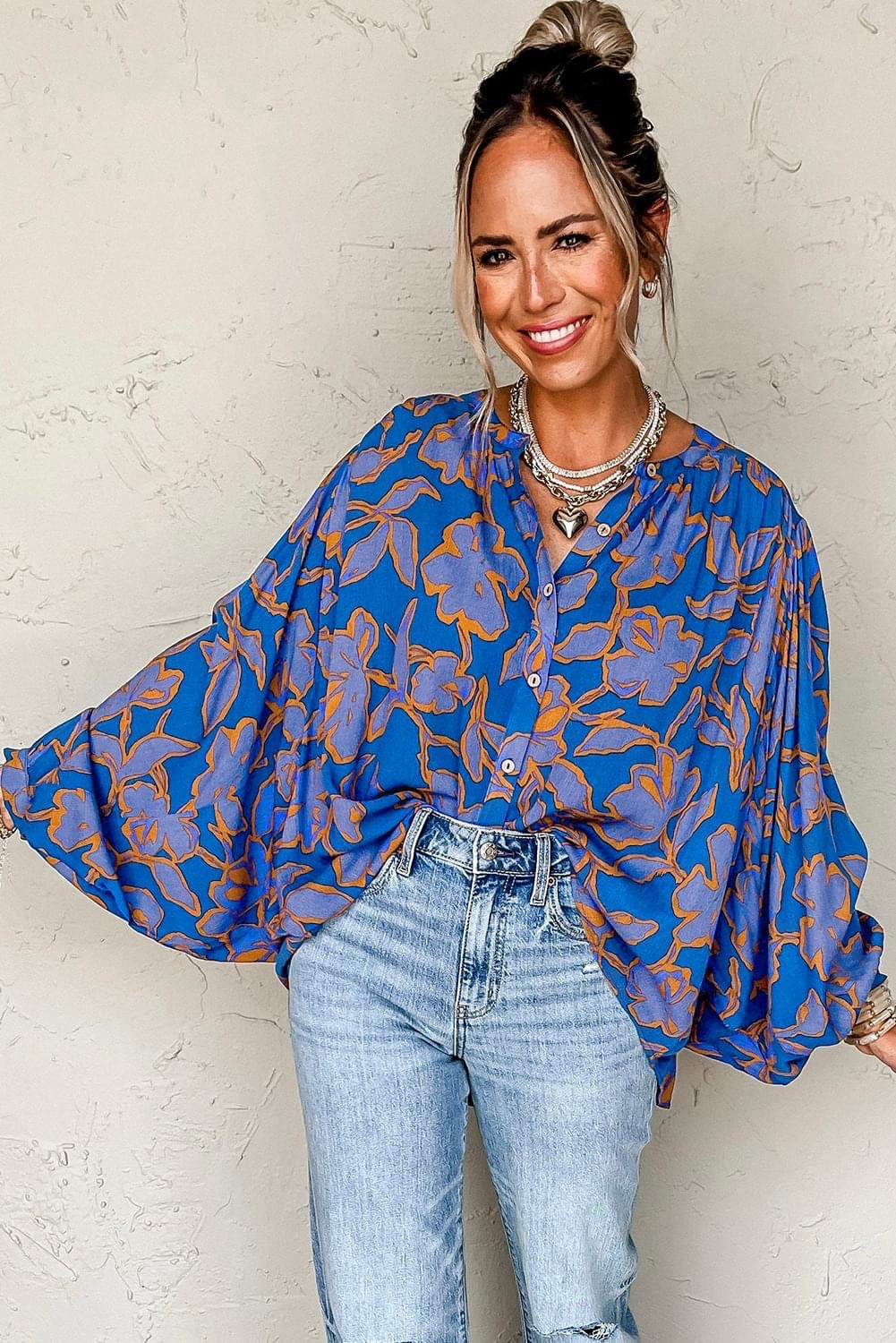 Blue Floral Batwing Loose fit shirt