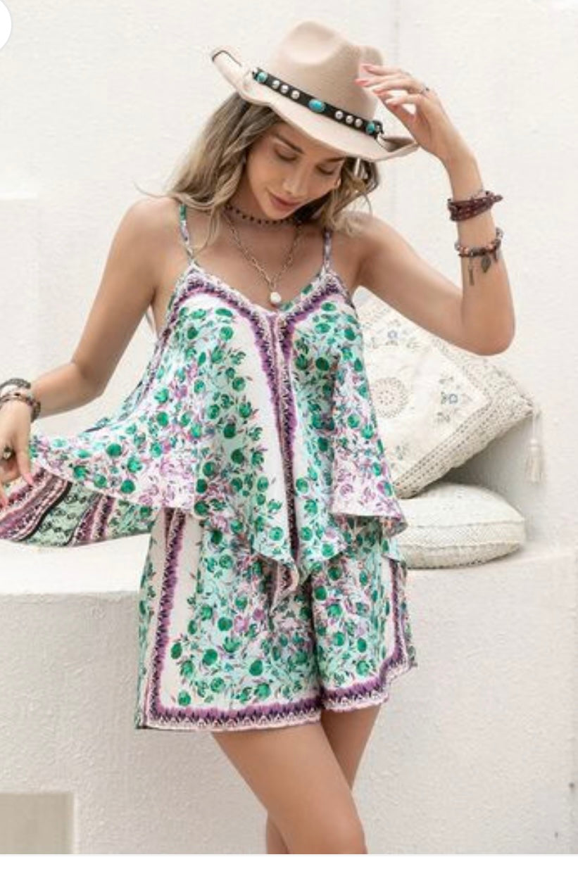 Printed V-Neck Top and Shorts Set