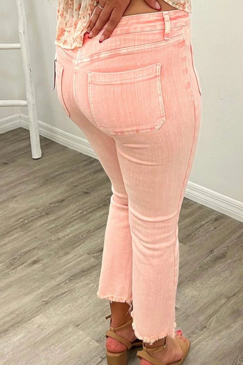 PLUS SIZE THE DAPHNE APRICOT PINK BUTTON FLY SLIM JEANS **SHIPPING EXPECTED TO BEGIN ON DATE 8/30**