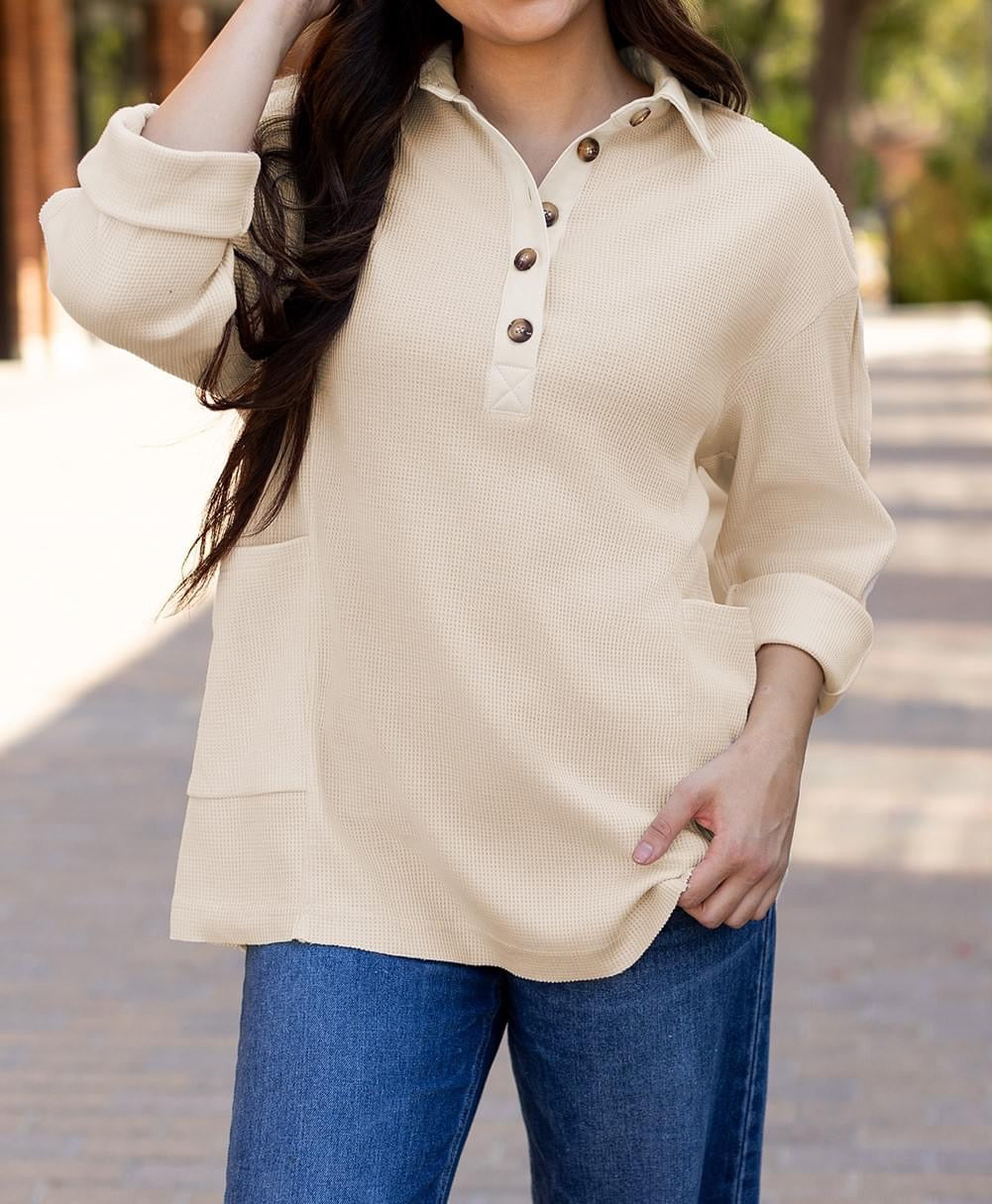 Waffle Collar Half Button Top