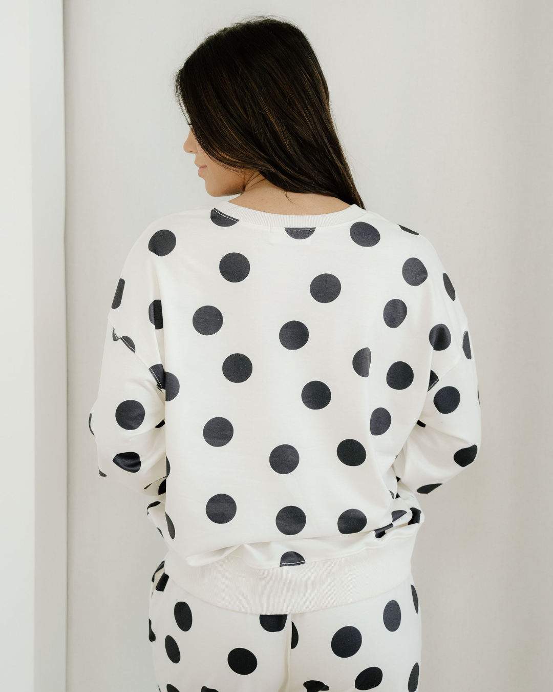 Polka Dot Print Drop Shoulder Pullover Drawstring Jogger Pant Set - Beige Indie & Co.