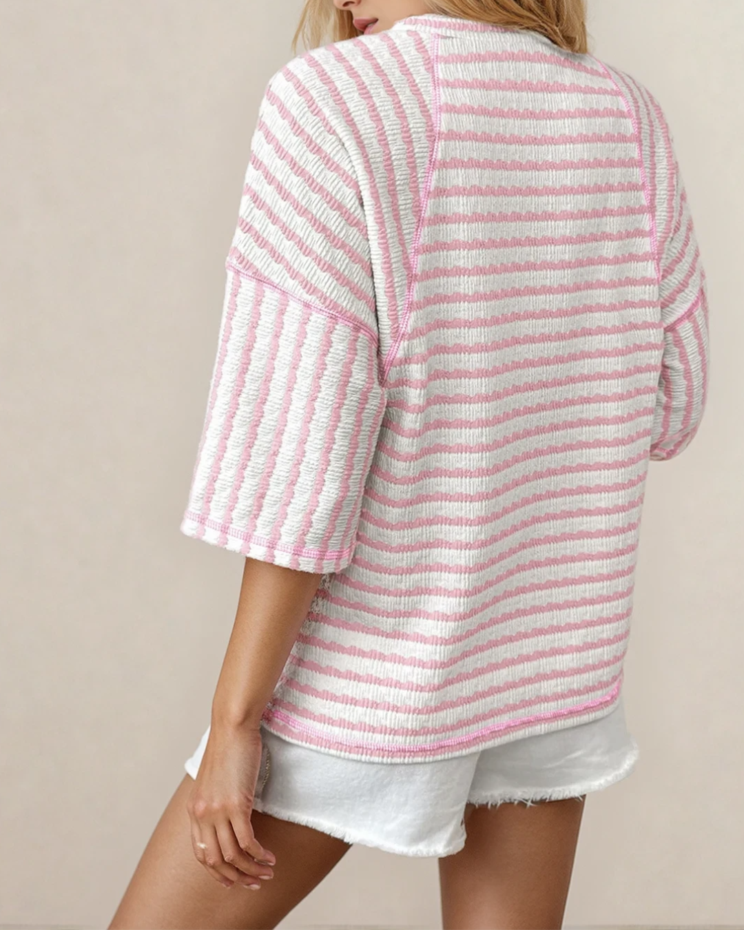 Noelle Textured Knit Split Hem Half Sleeve Loose Top - Pink Indie & Co.