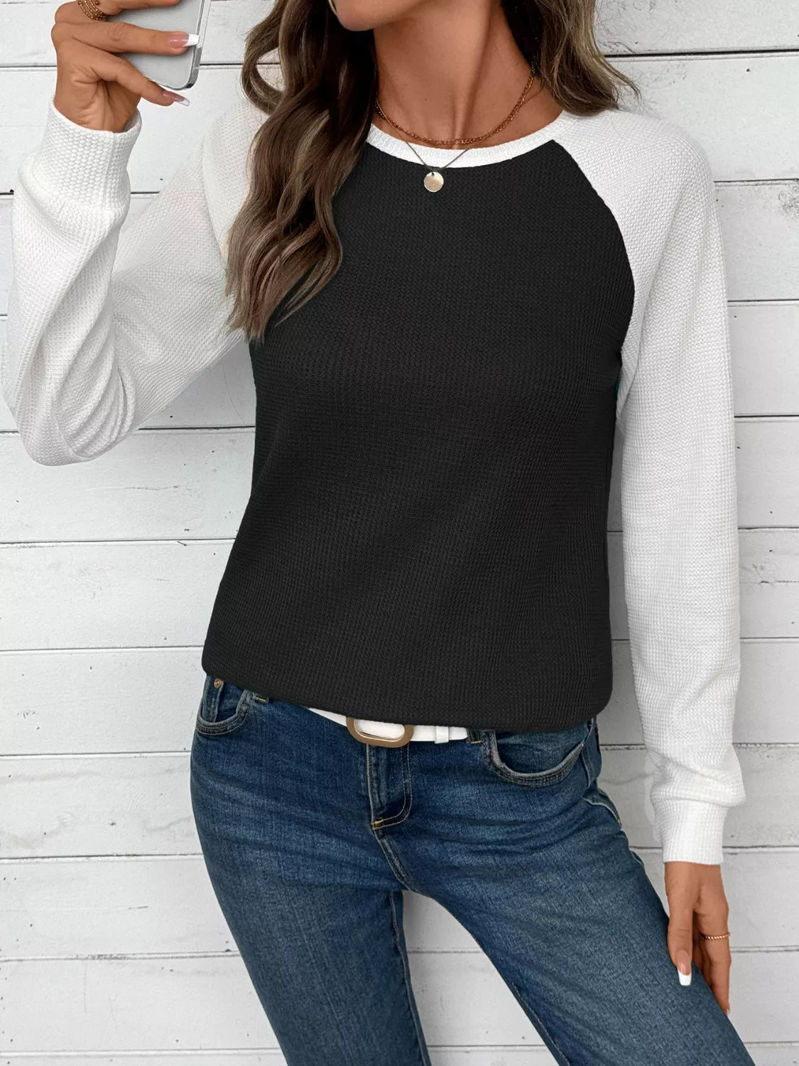 Waffle Knit Raglan Sleeve T-Shirt