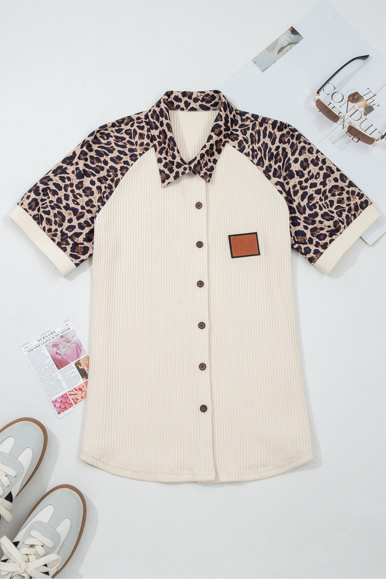 White Ribbed Texture Button Down Leopard Patchwork Short Sleeve Shirt Wild and Free Boutique