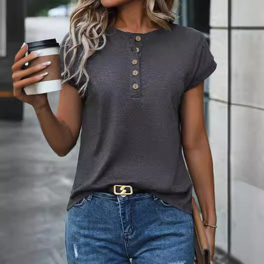 Button Detail Raglan Sleeve Top – Gray