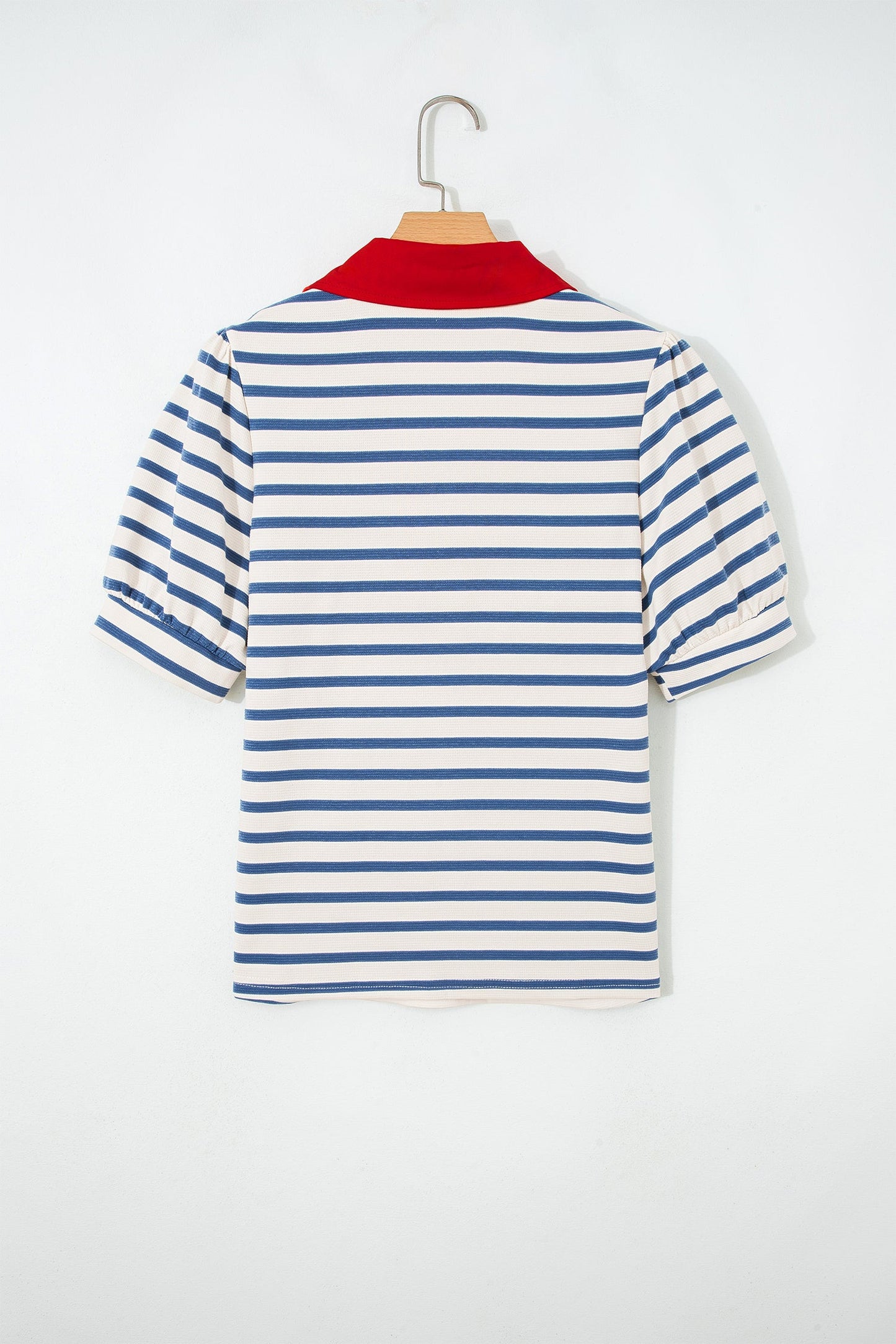Blue Stripe Short Puff Sleeve Color Block Polo Collar Blouse