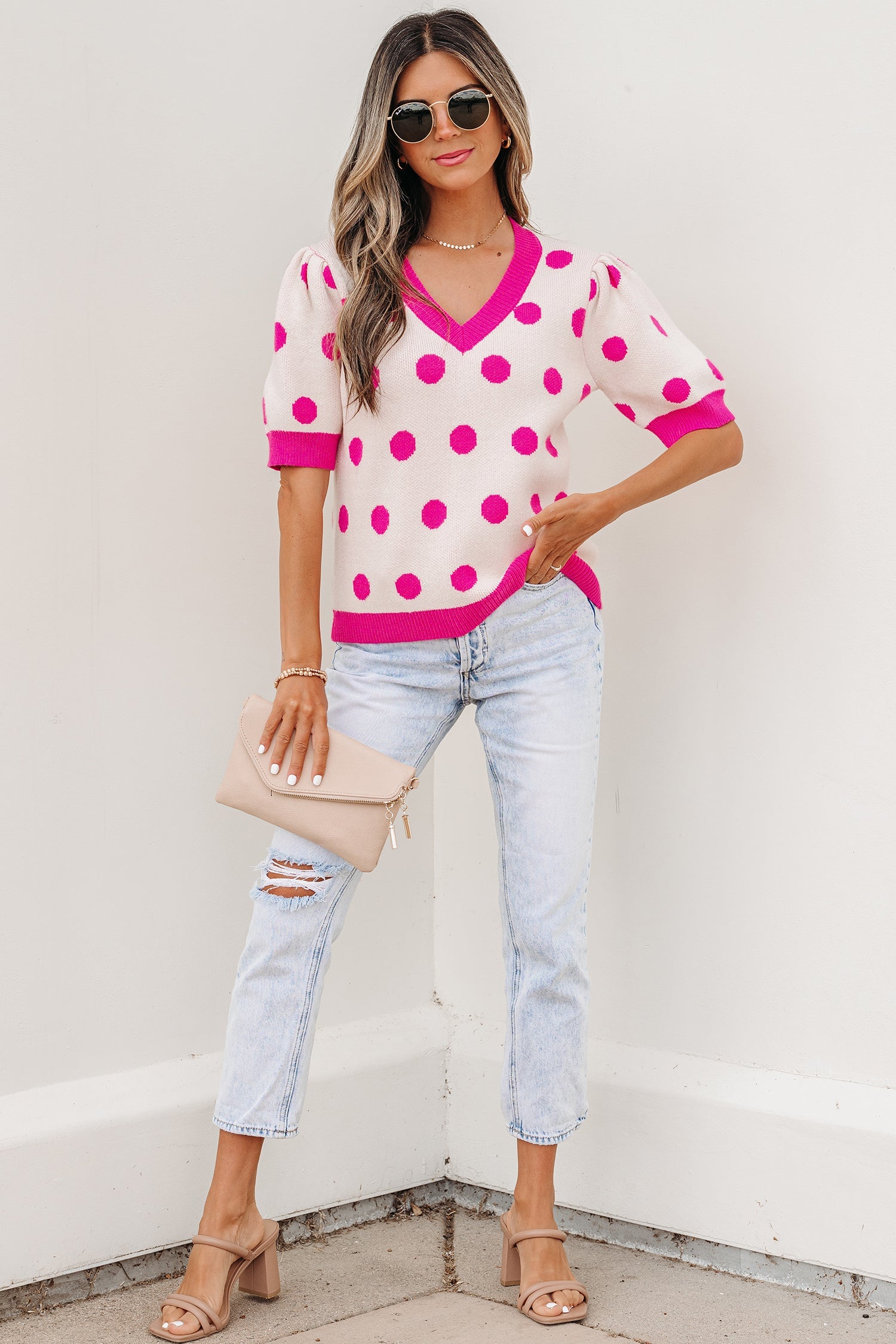 Alexia Puff Short Sleeve Sweater Threaded Pear