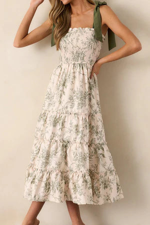 BALI BEAUTY GREEN FLORAL SMOCKED TIERED MIDI DRESS **SHIPPING EXPECTED TO BEGIN ON DATE 3/10**