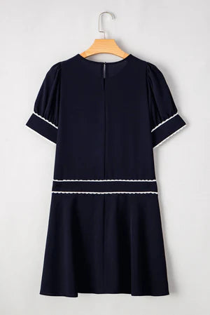 BLACK ON YOUR WAY SCALLOP TRIM MINI DRESS **SHIPPING EXPECTED TO BEGIN ON DATE 3/25**
