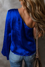 Load image into Gallery viewer, Seductive Blue Asymmetric One Shoulder
Bell Sleeve Satin Blouse
