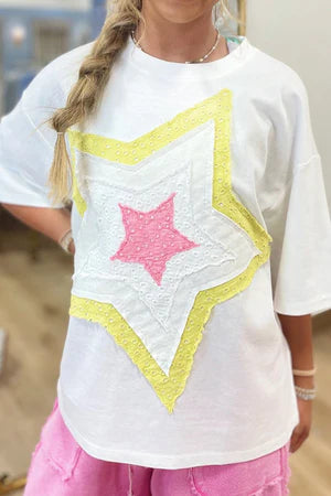 STARS IN YOUR EYES WHITE PATCHWORK TOP **SHIPPING EXPECTED TO BEGIN ON DATE 5/12**