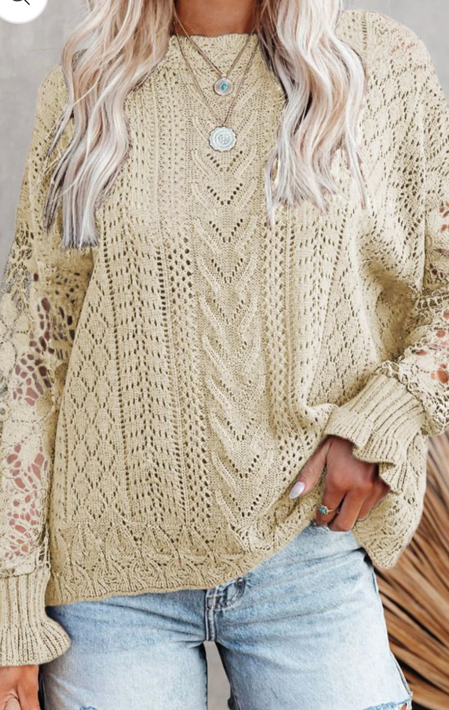 Openwork Round Neck Long Sleeve Sweater