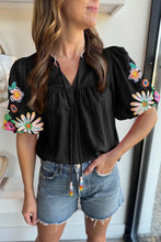 Load image into Gallery viewer, Embroidered Floral Puff Sleeve Split Neck Blouse
