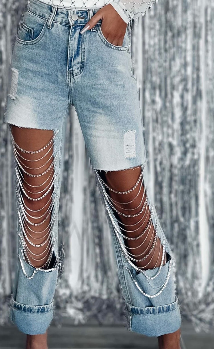 Chain Ripped Straight Jeans