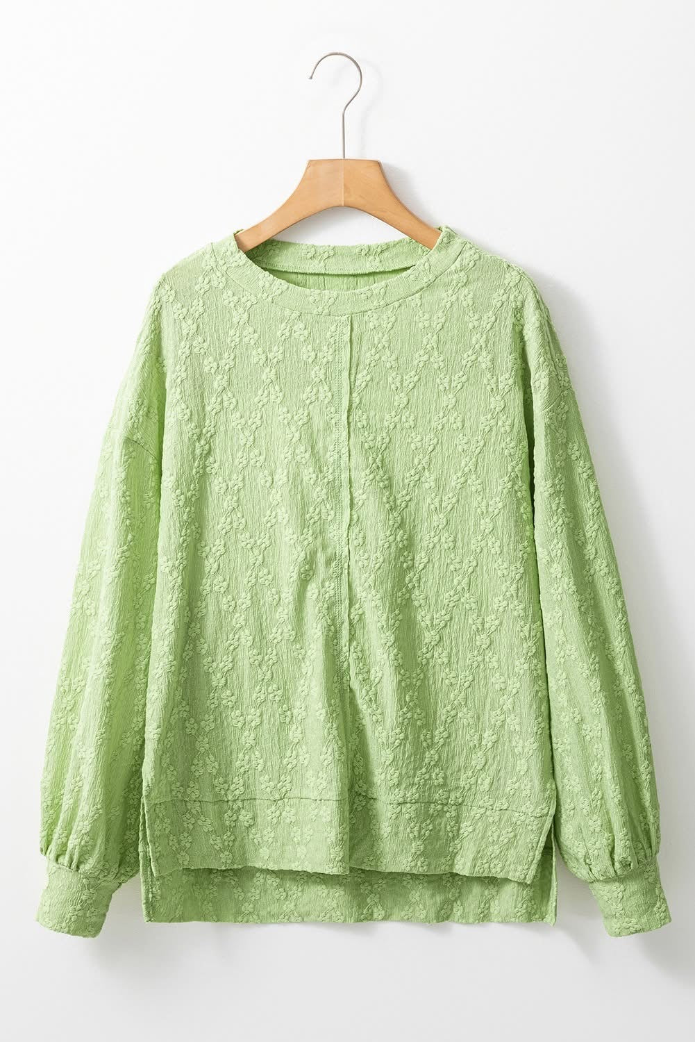 Light Green Textured Side Split Crew Neck Blouse