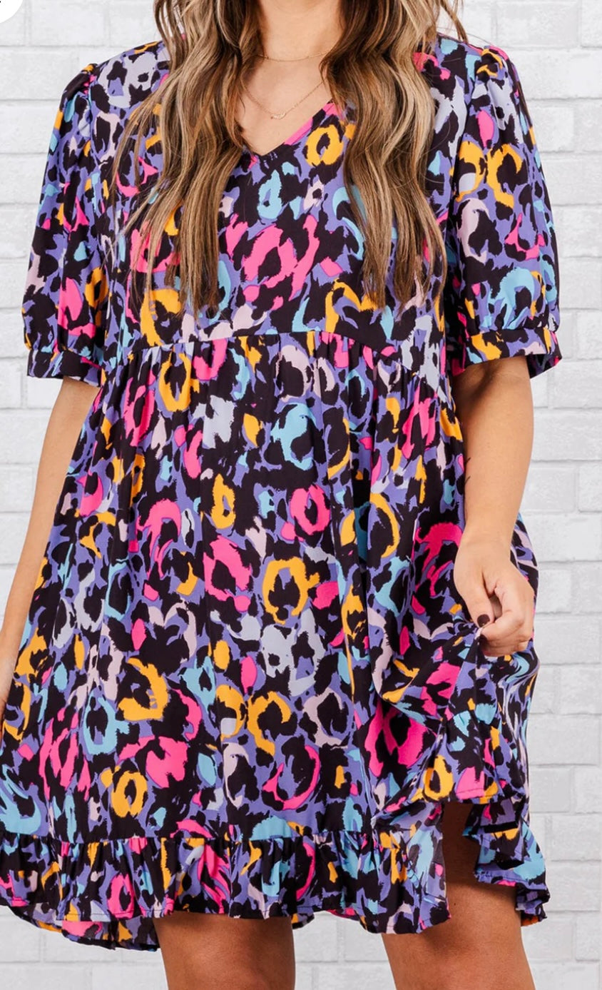 Plus Size Leopard Ruffled Vneck Dress-Ships 6/1