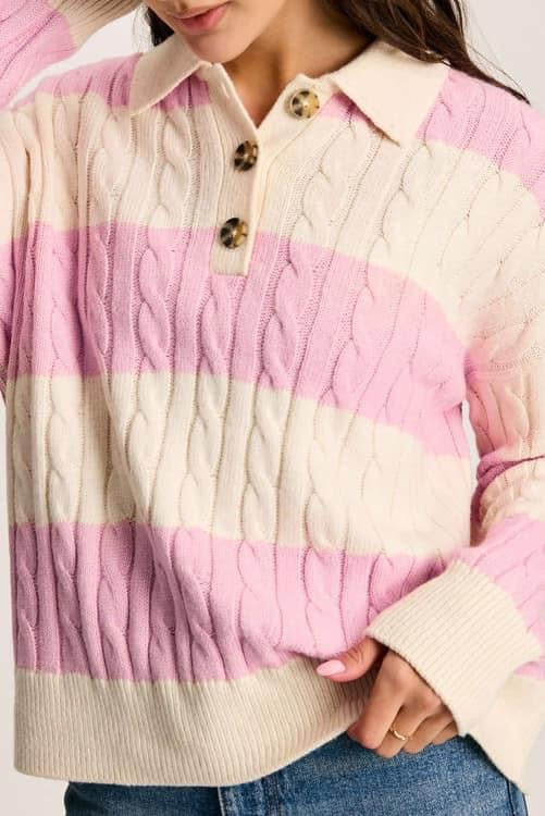 Pink Stripe Cable Henley Sweater